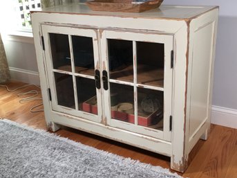 Fabulous ETHAN ALLEN Country Cabinet With Lovely Worn / Distressed Paint - Two Glass Pane Doors - WOW !