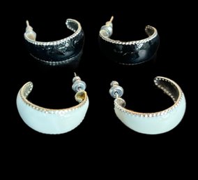 Two Sets Of Black And White Hoop Earrings