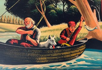 Yard Long - Mural Style Folk Art Fishing Scene - Painting On Wood - 9.5 X 37 Inches - Men Dog Canoe