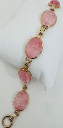 PRETTY GOLD TONE PINK CARVED SCARAB LINK BRACELET