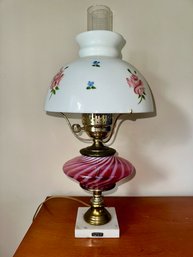 Opalescent Glass Lamp W/ Milk Glass Shade And Marble Base