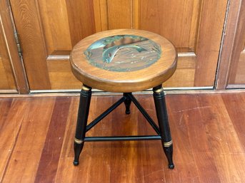 A Custom-Painted Vintage Hitchcock Stool Featuring A Jumping Fish