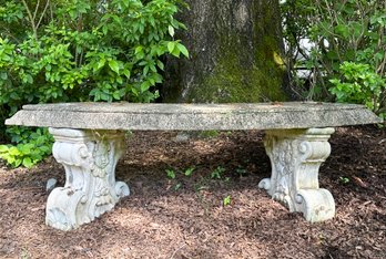 A Cast Stone Garden Bench - Elegant Curved Top And Italianate Bases