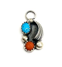 Vintage Sterling Silver Turquoise And Coral Color Pendant