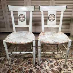 Lovely Pair Of Antique French Accent Chairs - Pale Green - Rush Seats - 1870-1890 - Great Worn Patina