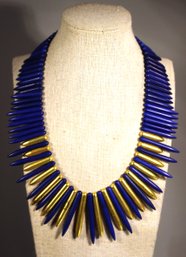 Signed Kenneth Lane Designer Blue And Gold Tone Spiked Necklace Signed