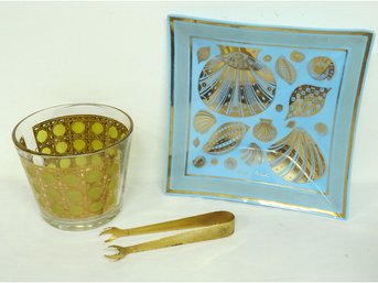 Two Mid-century Georges Briard Pieces Including Ice Bucket & Large Pastel Blue & Gold Glass Tray