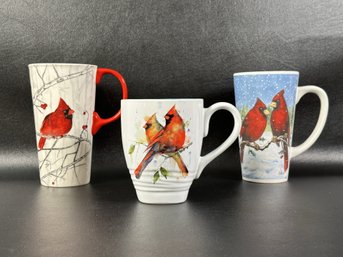 Three Oversized Ceramic Mugs With A Cardinal Motif