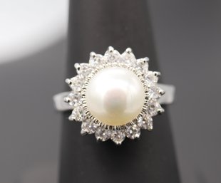 Large White Pearl & CZ Sterling Silver Statement Ring