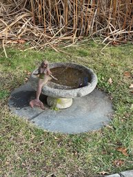 Concrete Birdbath With Iron Mermaid On Round Slate Base