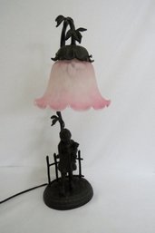 ' Girl With Kitten' Bronze Metal Lamp With Pink Ruffled Glass Shade - Signed Caiza