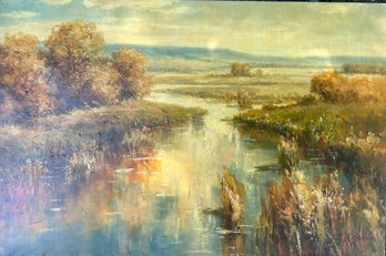 Waterway Landscape Oil Painting On Canvas - Signed -