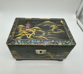 Vintage Black Lacquered Asian Music Jewelry Box - Note Chips In Pictures