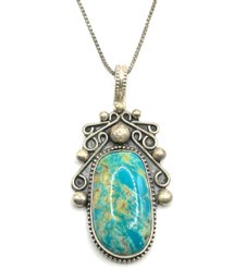 Stunning Solid Sterling Silver Large Turquoise Color Agate Stone Ornate Pendant Necklace