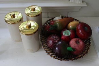 Jars And Basket Of Fake Fruit