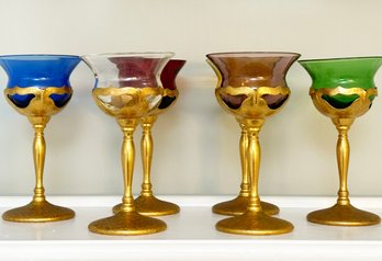 Hand Blown Colored Glass Cordials In Gilt Metal Bases