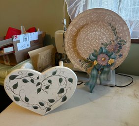 Beautiful Hand Painted Round Wall Hanging Flower Design & Small Wooden Heart Shape Step Stool.