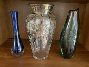 Trio Of Vases - Hand Painted Glass And Heavy Weight Art Glass Vases