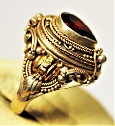 Vintage Sterling Silver Fancy Poison Ring Having Garnet Stone Size 7