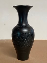 Signed Japanese Reticulated Pierced Vase 7x15in Black Ceramic
