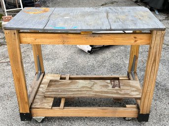 A Hand Made Potting Or Work Table - On Wheels For Ease Of Movement