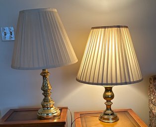 A Nice Pair Of Brass Lamps With Shades