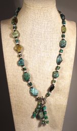 Fine Genuine Turquoise And Sterling Silver Beaded Necklace Having Triple Pendant