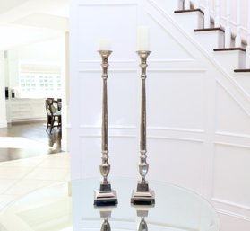Set Of 2 Tall Stainless Steel Neoclassical Elongated Column Pillar Candle Holders On A Plinth Base
