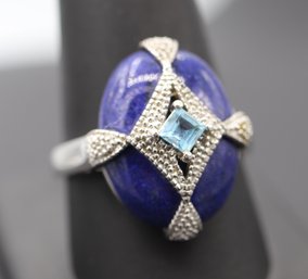 Large Cocktail Ring Blue Lapis Lazuli & Blue Topaz Sterling Silver Ring