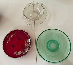 Elegant Vintage Glass Lot ~ Red 40th Anniversary, Green Crackle & Candlewick Condiment Server