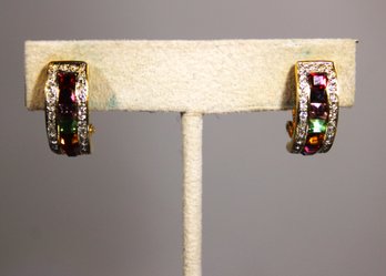 Christian Dior Style Designer Clip Earrings Multi Colored Rhinestones Gold Tone