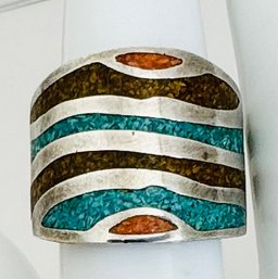 VINTAGE SIGNED SARITASCO ORIGINAL MEXICO STERLING SILVER MOSAIC TURQUOISE, CORAL & TIGER EYE RING