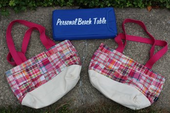 Pair Of Plaid Tote Bags And Personal Beach Table