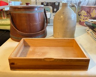 Vintage Wooden Sugar Bucket With Handle & Top Lid, Stoneware Crock And A Small Wooden Box.