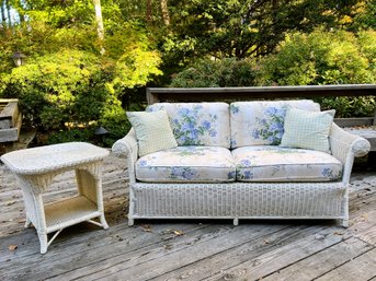 Vintage White Wicker Seating Group - Sofa And Side Table