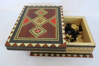 A Beautiful Hand Made Inlaid Wooden Chess Checker Game Board Box - Complete