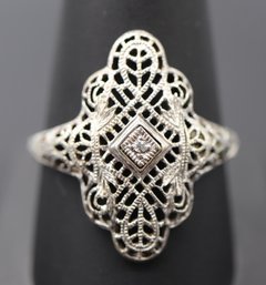 Antique Filigree Sterling Silver Ring With Diamond Center