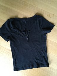 BRANDY MELVILLE, Cotton Knit Scoop Neck T Shirt, 3 Button Closure, Short Sleeves, Black, One Sz, European Made