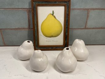 Four Ceramic Pears, And A Framed Pear Print