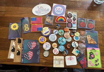 Treasure Lot Of Pins, Embroidered Patches Of USA Flags, Flowers, Cat, Hat, Mini Hand Bag, Hills, Stickers. BR2