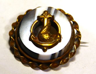 Antique Gold Filled Striped Agate Round Brooch W Anchor Motif