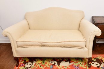 Upholstered Camel Back Settee With Down Filled Single Cushion