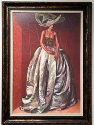 Vintage Large Framed Print On Canvas - Mid Century Lady Wearing Gown & Hat - Puppet Strings