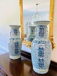 PAIR Tall Asian Blue & White Ceramic Jars