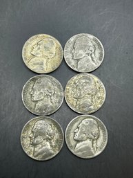 Beautiful Lot Of 6 Jefferson Silver War Nickels