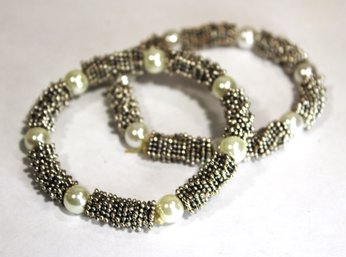 Silver Tone And Faux Pearl Pair Elastic Bracelets