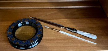 Antique Crown No. 2 Fountain Dip Pen With Mother Of Pearl Handle, Letter Opener Plus Magnifier