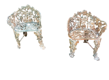 Pair Of Weatherbeaten Decorative Wrought Iron Garden Chairs