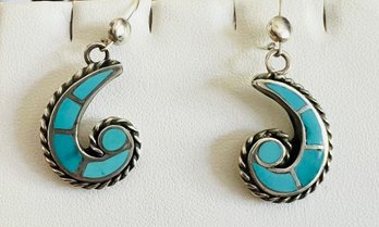 VINTAGE NATIVE AMERICAN SIGNED JB STERLING SILVER TURQUOISE INLAID DANGLE EARRINGS