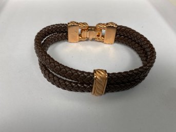 Judith Ripka Gold Plated Faux Brown Leather Double Row Braided Bracelet